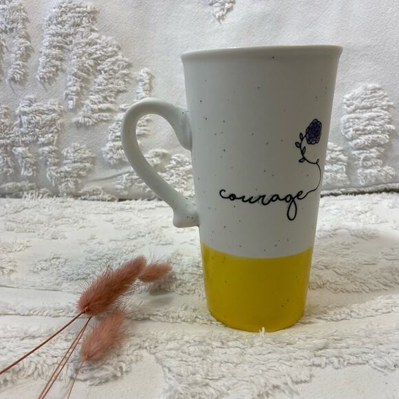 SHEFFIELD HOME Mug "COURAGE" Flower Speckled 2 Tone Bone/Yellow Ceramic 16oz - Picture 2 of 6
